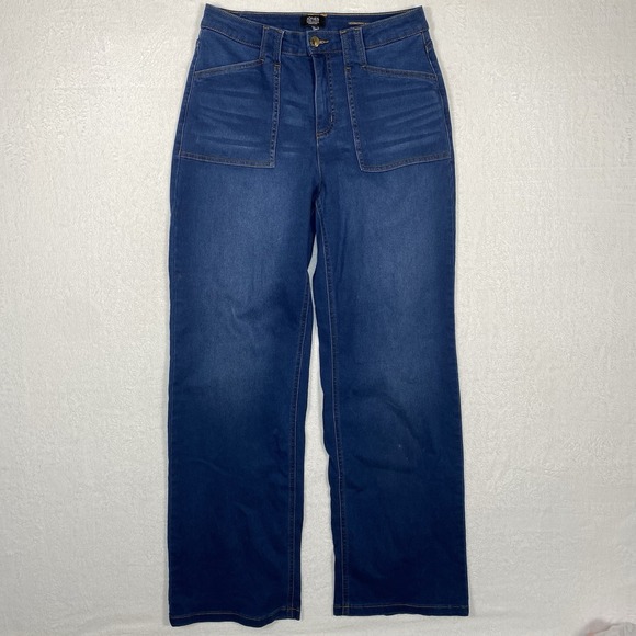 Jones New York Denim - Wide Leg Trouser Jeans High Rise Dark Wash Stretch Denim Patch Pockets Sz 8 Boho